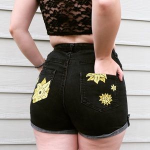 Hand-painted high waisted denim shorts